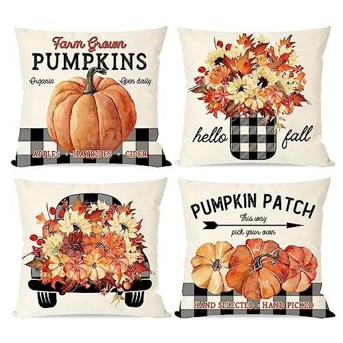 PANDICORN Fall Pillow Covers 18x18 Inch Set of 4 Pumpkin Leaves F...