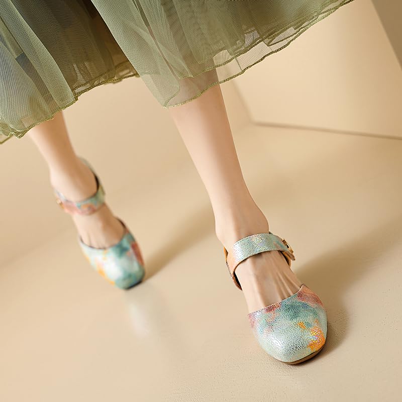 Women's Tie-Dye Ankle Strap Mary Jane Pumps Closed Square Toe Block Low Heel D'Orsay Dress Wedding Party Shoes Size 4-13 US4