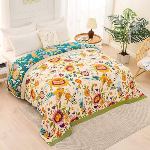 Image of XIBLC Boho Throw Blanket for Bed, 100% Cotton Soft Rustic Quilt Fall Blanket, 50 inchx60 inch Colorful Floral Printed Farmhouse Decor Bed Blankets, All Season Rustic Reversible Bohemian Throw Quilt