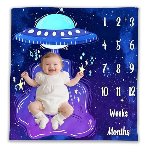 Image of UFO Baby Monthly Milestone Blanket, 48x48in Soft Flannel, Alien Round Spaceship, Newborn Mom Gifts, Baby Shower Age Growth Tracker with Bonus Maker (Purple Blue, 48x48in)