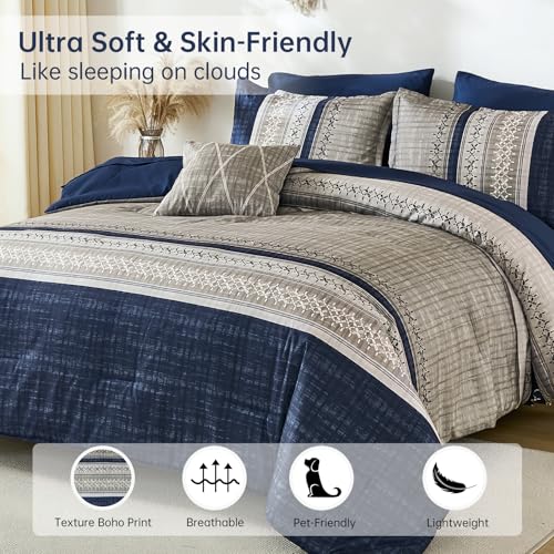 Image of Dintszyayue Blue King Comforter Size Set, 8 Pieces Boho Grey Striped Texture Bed in a Bag Sets, Lightweight Soft Bohemian Comforter and Sheet Set, All Season Microfiber Bedding Sets for Men Women