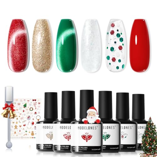 Image of modelones Christmas Gel Polish Set 6 Colors Cat Eye Red Green Glitter