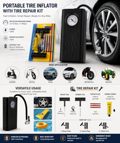 Image of Portable Tire Inflator Air Pump with 150 PSI & Tire Repair Kit, Cordless Air Compressor, Wireless Car Tyre Inflator, Digital Pressure Gauge, Rechargeable Air Pump for Car,Motorcycle, SUV, Bicycle.