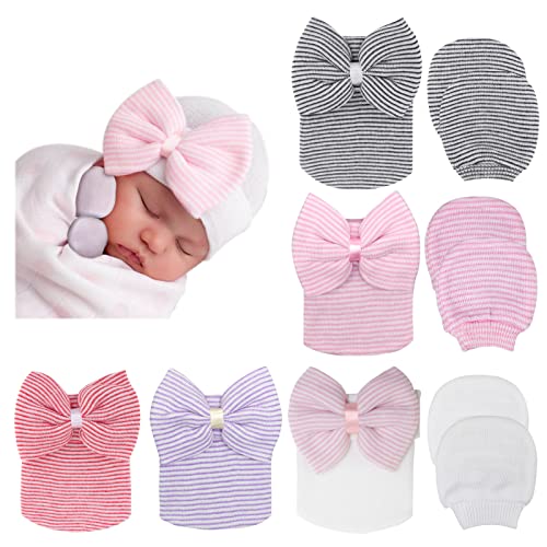 Image of BQUBO Newborn Baby Caps Mittens for Baby Girls Baby Hats Scratch Mitten Gloves Set Soft Hospital Hat Infant Hats with Bow