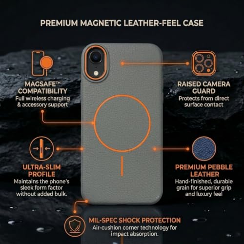 Image of amazon basics Luxury MagSafe Compatible Leather Texture Back Cover for iPhone XR | Raised Camera Protection | Slim Fit Shockproof Case with Metallic Accents (Gray)