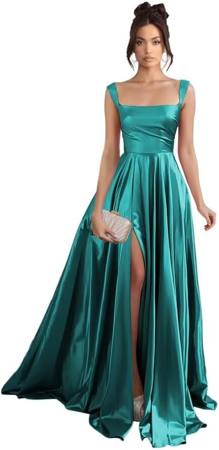 Stylefun Women's Satin A Line Prom Dresses with Slit Long Square ...