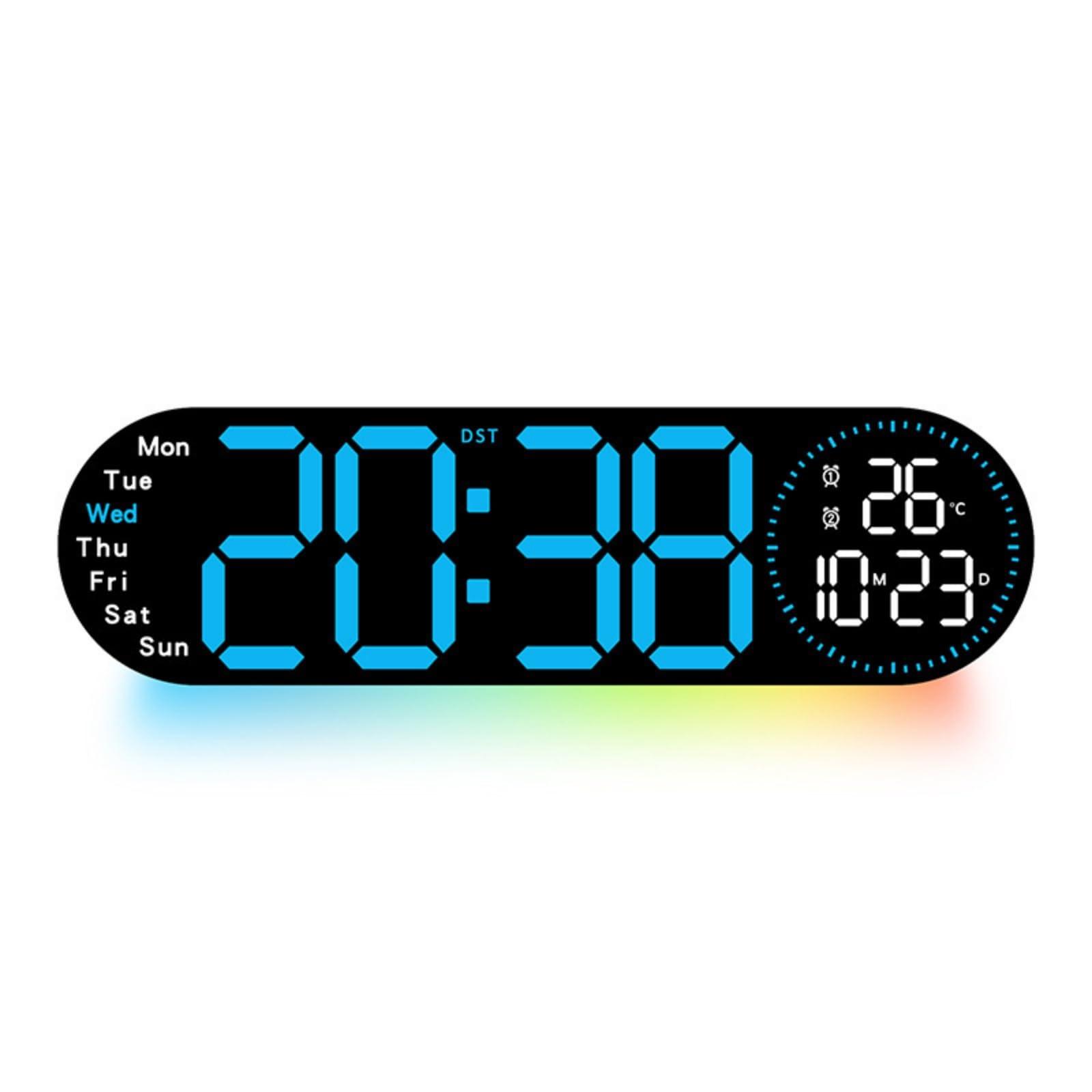Colcolo Reloj Digital de Pared con Números Indicador a la Izquierda y Temperatura con Fecha a la Derecha Luz Ambiental Discreta y Carcasa de Plástico y PVC, Azul