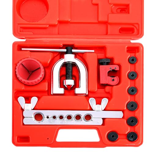 DASBET 11PCS Flaring Tool Kit – 45° Single & Double Brake Line Flaring Tool Kit with 7 Adapters, Flare Tubing Flare Tool with Tube Cutter for Brake Line HVAC System