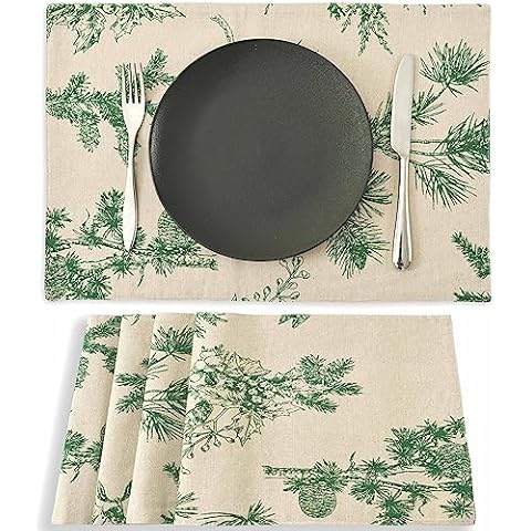 Inselnwald Placemats Set of 4 for Dining Table, 12 x 18 Inch Two Layers Pine Cone for Kitchen Decoration Cabin Holiday Rustic Vintage Elegant Washable Rectangular Table Place Mats (Green on Tan) Cover