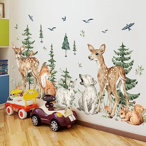 Amaonm 4 Sheet of 12x36 inch Giant Forest Tree Wall Decal Woodland Deer Bear Rabbit Fox Squirrel Birds Wall Stickers 3D DIY Peel and Stick Jungle Wild Animal Pine Wall Decor for Kids Boys Bedroom