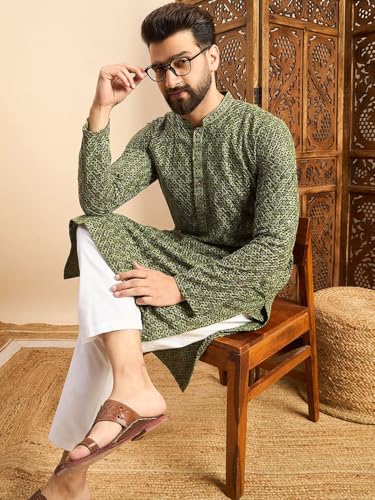 Image of Amazon Brand - Tavasya Men Rayon Blend Geometric Regular Kurta