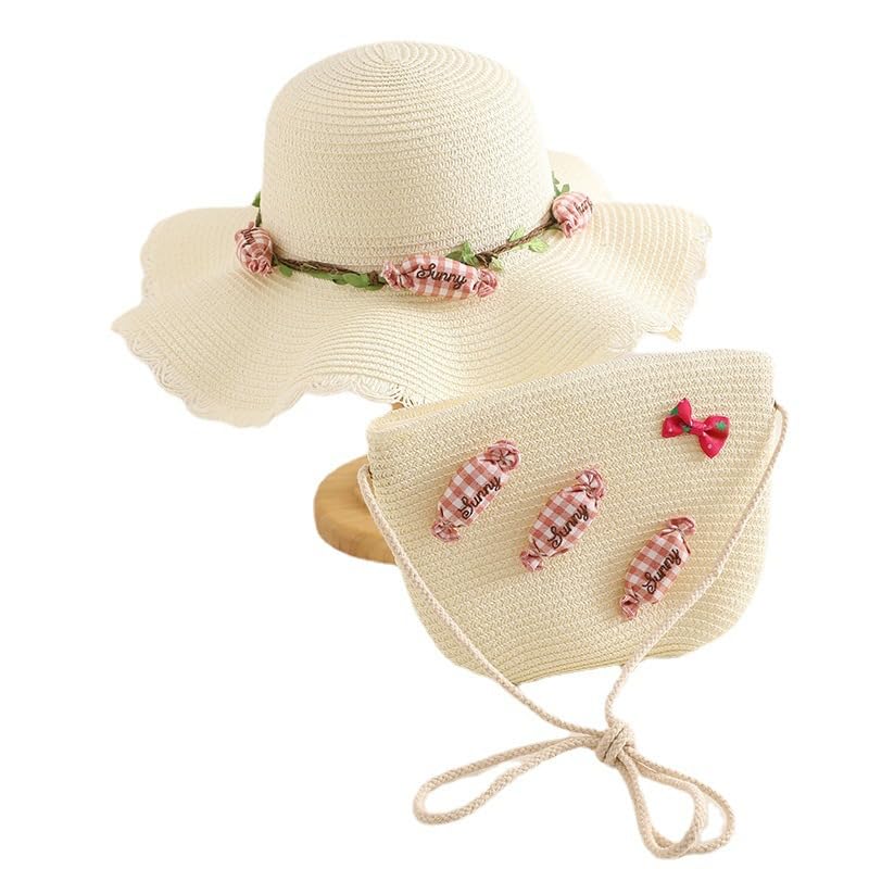 BXZGLHFStraw Hat and Bag Set, Mini Sun Hat Wide Sunshade Hat Set, Kids Sun Protection Hat Decoration with Candy Breathable for Kid Girls Summer Beach Travel Holiday Vacation (White)