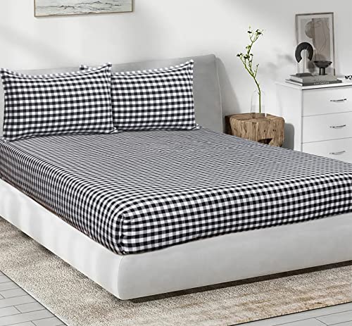 Image of AIRWILL, 200GSM Handloom Cotton Double Bedsheet with 2 Pillow Covers (Gingham Check Black)