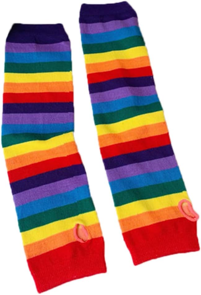 Women Elbow Length Fingerless Arm Sleeve Warmer Rainbow Colored Striped Knit Sunscreen Halloween Costume Gloves