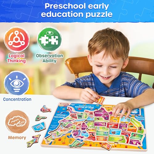 Rompecabezas de madera educativos para niños de 3 a 8 años: Mapa de EE.UU. y mapa mundial, 75 piezas, juguetes didácticos para aprender geografía miniatura 5