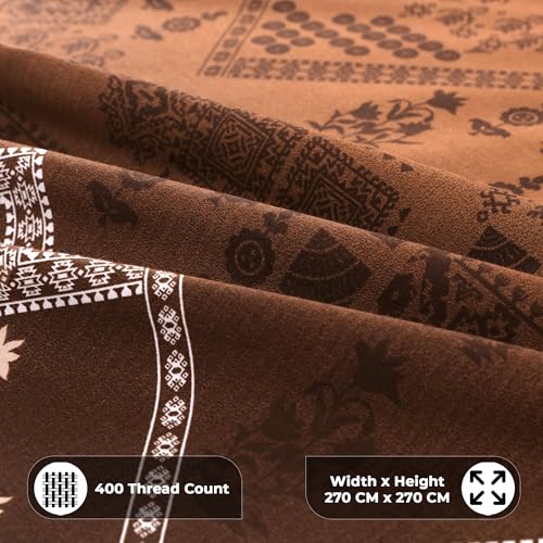 Image of Story@Home Luxe 400 TC Sateen Weave 100% Cotton Bedsheet King 270 cm x 270 cm Ombre Printed Soft Flat Sheet with 2 Pillow Covers 18 x 27 Inch Aztec Brown-Gift Packaging
