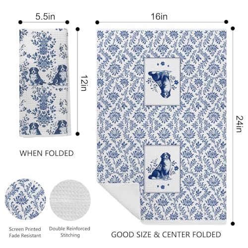 Image of Chinoiserie Bernese Mountain Dog Kitchen & Hand Towels Set of 2, Blue and White Floral Dog Dish & Tea Towels for Kitchen Bathroom Decor, Vintage Toile Dog Lover Gifts for Women 16x24 Inch