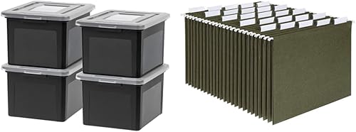 IRIS USA - Contenedores de almacenamiento de plástico de tamaño carta y legal, 4 unidades, carpetas colgantes negras y Pendaflex, tamaño carta,