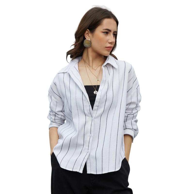 Image of PINACOLADA Women's Solid Oversized Shirt for Casual Wear | Spread Collar | Long Sleeve | Button Closure | Oversized Shirt Crafted with Comfort Fit for Everyday Wear