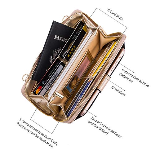 Womens Wristlet Wallet Crossbody Bag Cellphone Purse Handbag Rfid Card Slots 2 Strap Wrist, Rose Gold, 8.3*4.3*1.4 #TOP4