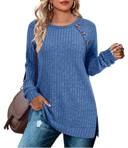 Aokosor Jumpers for Women Lightweight Long Sleeve Tops Ladies Button Side Splits Tunic Dark Blue Size 18-20