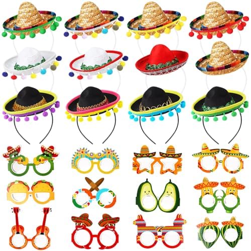 Syhood 24 Pcs Fiesta Party Supplies Cinco De Mayo Sombrero Headband Hats Eyeglasses for Mexican Theme Decoration Accessories