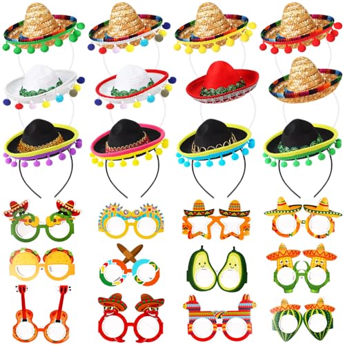 Syhood 24 Pcs Fiesta Party Supplies Cinco De Mayo Sombrero Headband Hats Eyeglasses for Mexican Theme Decoration Accessories(Classic Style)