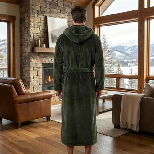 Image of FashGudim Mens Robes Big and Tall with Hood Two-Tone Flannel Fleece Contrast Bathrobe Full Length Plush Long Robe House Coat