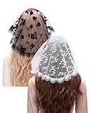 Mantveil 2 Packs Catholic Church Head Covering Floral Lace Mantilla Chapel Cap Veil Round Mass Veil (White+Black)