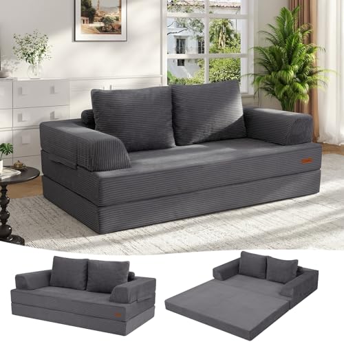 COMAX Convertible Sofa Bed Queen, Folding Floor Couch Corduroy Fold Out Couch Bed Sleeper Mattress with Pillows, Boneless Sofa Comfy Lounge Loveseat for Living Room Bedroom, Grey