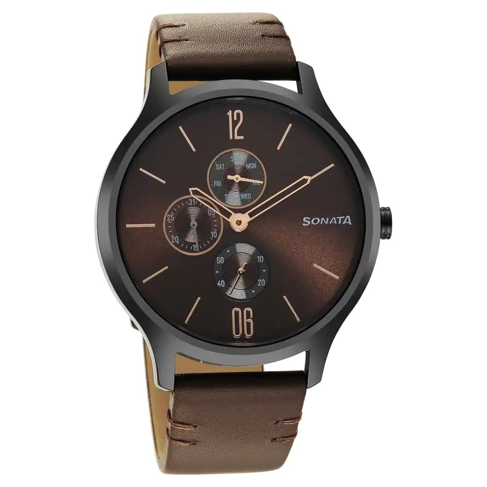 Sonata Quartz Multifunction Brown Dial Leather Strap Watch for Men-NS7140NL03 (B0BS3LH2WQ) Amazon Price History, Amazon Price Tracker