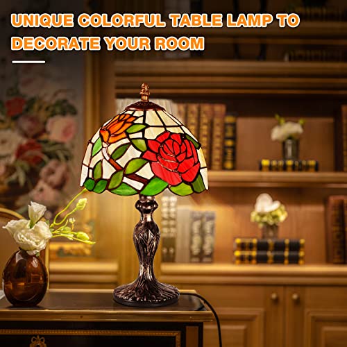 Image of 8'' Stained Glass Table Lamp, Vintage Desk Bedside Night Light | Stained Glass Crystal Bead Style Table Light, Handmade Antique Art Craft Gifts, for Living Room Bedroom Bookcase (A Rose)