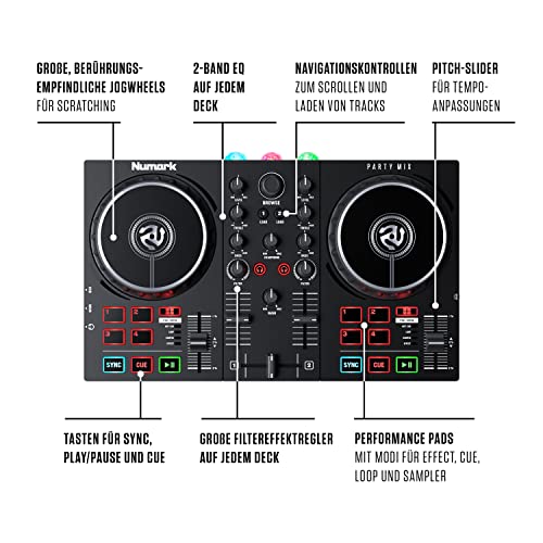 Numark Party Mix II - DJ Controller Desk with 2 Decks, Built-in DJ Lights & DJ Mixer, Supports Direct Streaming from TIDAL, SoundCloud and More – Bild 5