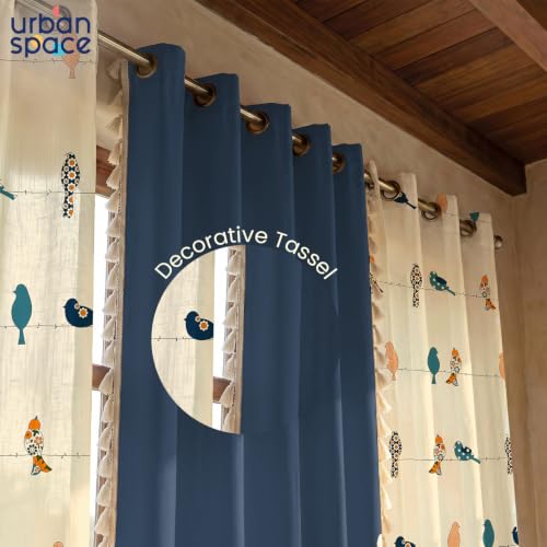 Image of Urban Space 100% Cotton Curtains for Window, Combo Set of 3 Curtains 5 feet Long, 60-65% Room Darkening Curtain, Tieback & Eyelets Included with Curtains for Home decor (Humming Bird Blue, 5 Feet)