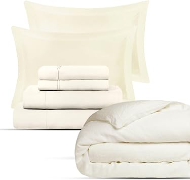 THREAD SPREAD 7 Piece Bedding Bundle - 600 Thread Count 4 Piece Ivory King Sheet Set with 3 Piece Duvet Cover