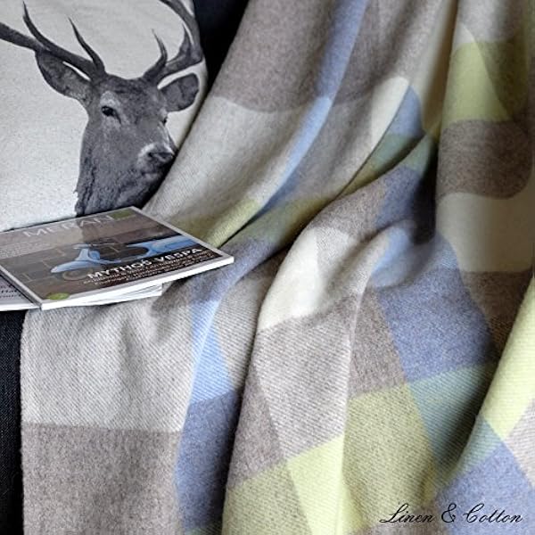 Linen & Cotton Plaid Copriletto Morbido e Spesso Devon a Scacchi con Frange - 100% Pura Lana Neozelandese, Beige Blu Verde (140 x 200 cm) Coperte Invernali per Sofa Divano Letto Singolo Matrimoniale