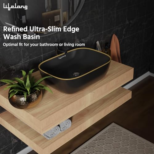 Image of Lifelong Wash Basin for Bathroom - Tabletop Washbasin - Ceramic Glossy Round Countertop Vessel Sink Ideal for Bathroom, Dining Hall & Vanity 33x46x16 cm (Black, LLHIBM05)