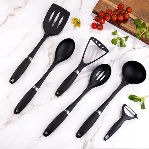 Creative Kitchen Slotted Spoon | Strong Heat Resistant Nylon Utensil | Soft Comfort Grip Handle | Sleek Modern Design with Chrome Trim | Dishwasher Safe | Black/Chrome