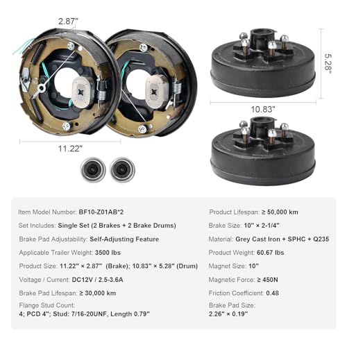 VEVOR Trailer Hub Drum Kits 5 on 4.5\" B.C. with 10\" x 2-1/4\" Electric Brakes, Self-Adjusting Trailer Brake Assembly for 3500 lbs Axle, 4-Hole Mounting, Backing Plates for Brake System Part Replacement