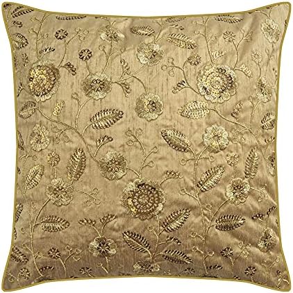 Craftbot Indian Pillow Cover - 1 Piece - 18x18 Cushion Cover - Gold Silk with Gold Embroidery - Decorative Throw Pillow Covers - Elegant Embroidered Bollywood Pillow - Accent Pillow Cover - No Insert