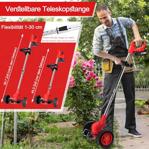 Xbzzgmg Rasentrimmer mit Akku, Akku Rasentrimmer mit 2 Akkus und 4 Messertypen Verstellbarer Freischneider, Teleskop-Freischneider Akku mit Geringem Geräuschpegel für Höfe, Gärten und Gehwegkanten
