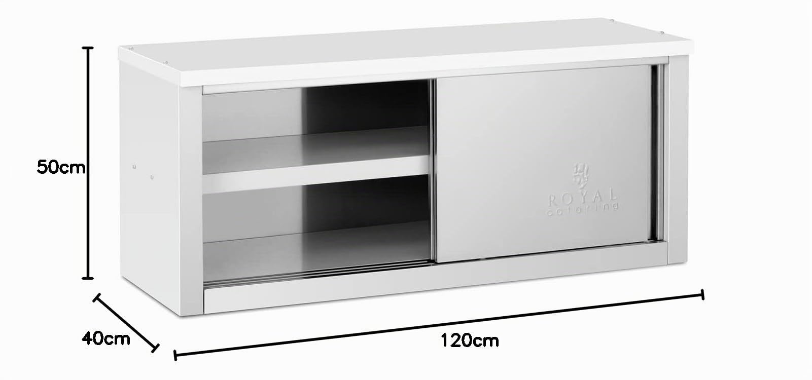 Royal Catering RCAT-120/40/50-C, Armadietto a Parete 1200 x 400 x 500 mm, Capacità di Carico 65 kg per Scomparto, Armadietto da Cucina in Acciaio Inox, 2 Ante Scorrevoli