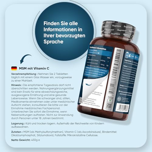 MSM Tabletten - 2400mg mit 100mg Vitamin C - 360 vegane Tabletten für 6 Monate Vorrat - Methylsulfonylmethan & Vit C - Alternative zu MSM Pulver & Kapseln - Frei von Magnesiumstearat - WeightWorld