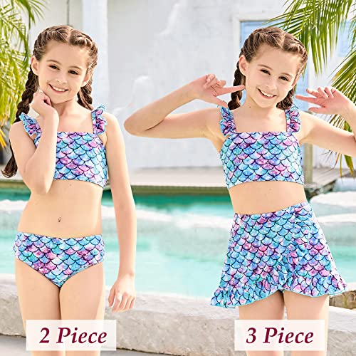 Alisister Little Girls Bathing Suits 3 Piece Swimsuit Mermaid Printed Bikini Tankini Sets With Cover Up Skirt Summer Beach Swimwear 7 Year Old Blue #TOP1
