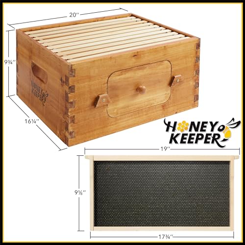 Honey Keeper Deep Brood Box with Window, 100% Beeswax Coated Beehive Kit with 10 Wooden Frames and Waxed Foundations for Langstroth Beekeeping
