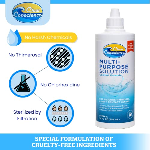 Clear Conscience Contact Lens Solution 12Oz - Multi-Purpose Soft And Rgp Contact Lens Cleaner Eye Contact Solution - Sterile Isotonic Contact Lenses Solution - Saline Solution For Contact Lenses #TOP4
