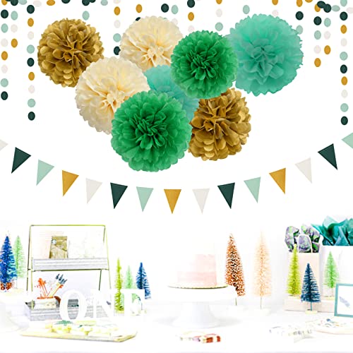 Image of Sage-Green Beige-Gold Baby Bridal-Shower Decorations - 30pcs Rustic Wedding Tissue Pom Poms,Tassel Garland Banner,Birthday Gender Reveal Bachelorette Engagement Party Decor Bunting Lasting Surprise