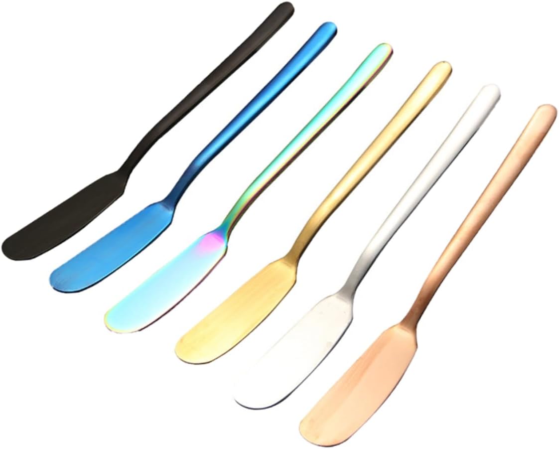 6pcs Stainless Steel Butter Spreader Long Handles for Cream Jam and Butter Spreading Elegant Design Gold and Blue