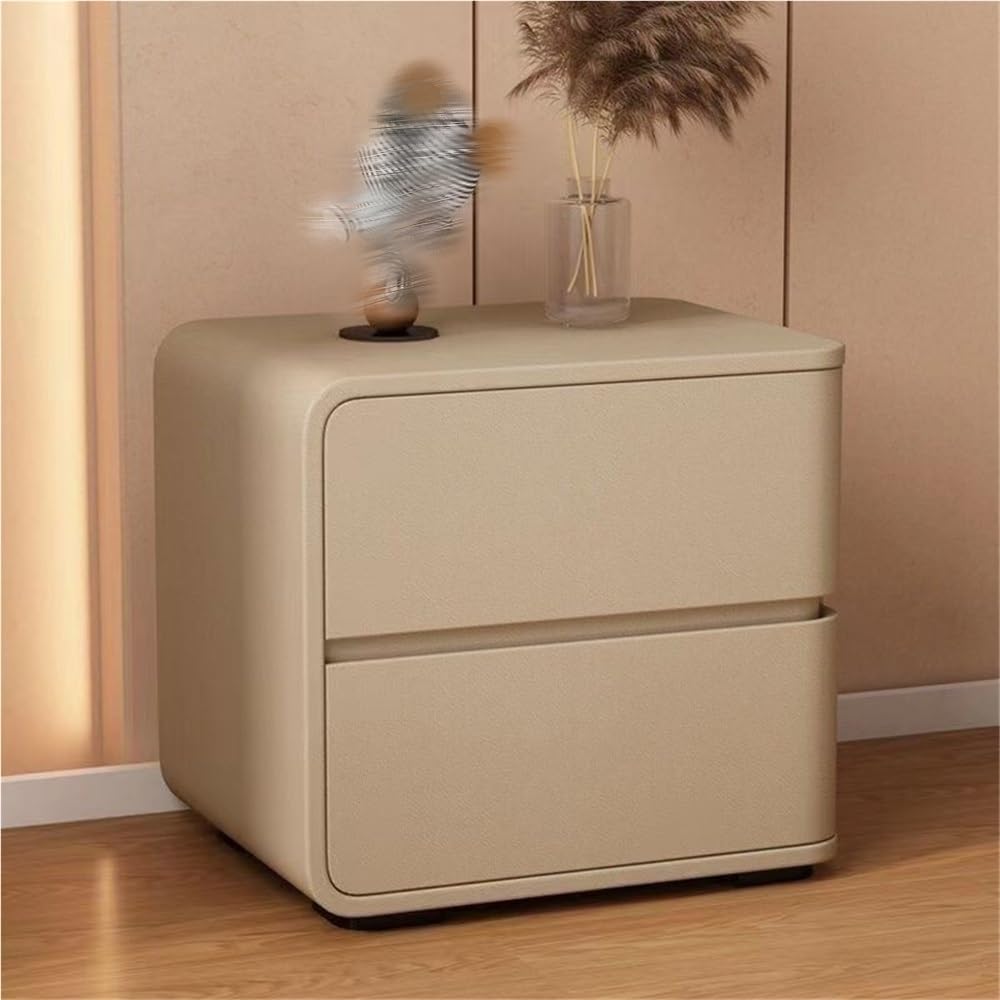 Modern with 2 Drawers, Leather Bedside Table, Solid Wood Frame, Curved Profile Design End Living Room Bedroom Storage Cabinet(Khaki-A,17.7x15.7x18.9in)
