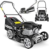 MASKO Cortacésped de gasolina 3 en 1, ancho de corte de 42 cm, ajuste de altura de corte de 7 niveles, motor OHV de 4 tiempos, 3,4 CV, cesta de 50 litros, incluye kit de mantillo, expulsión lateral